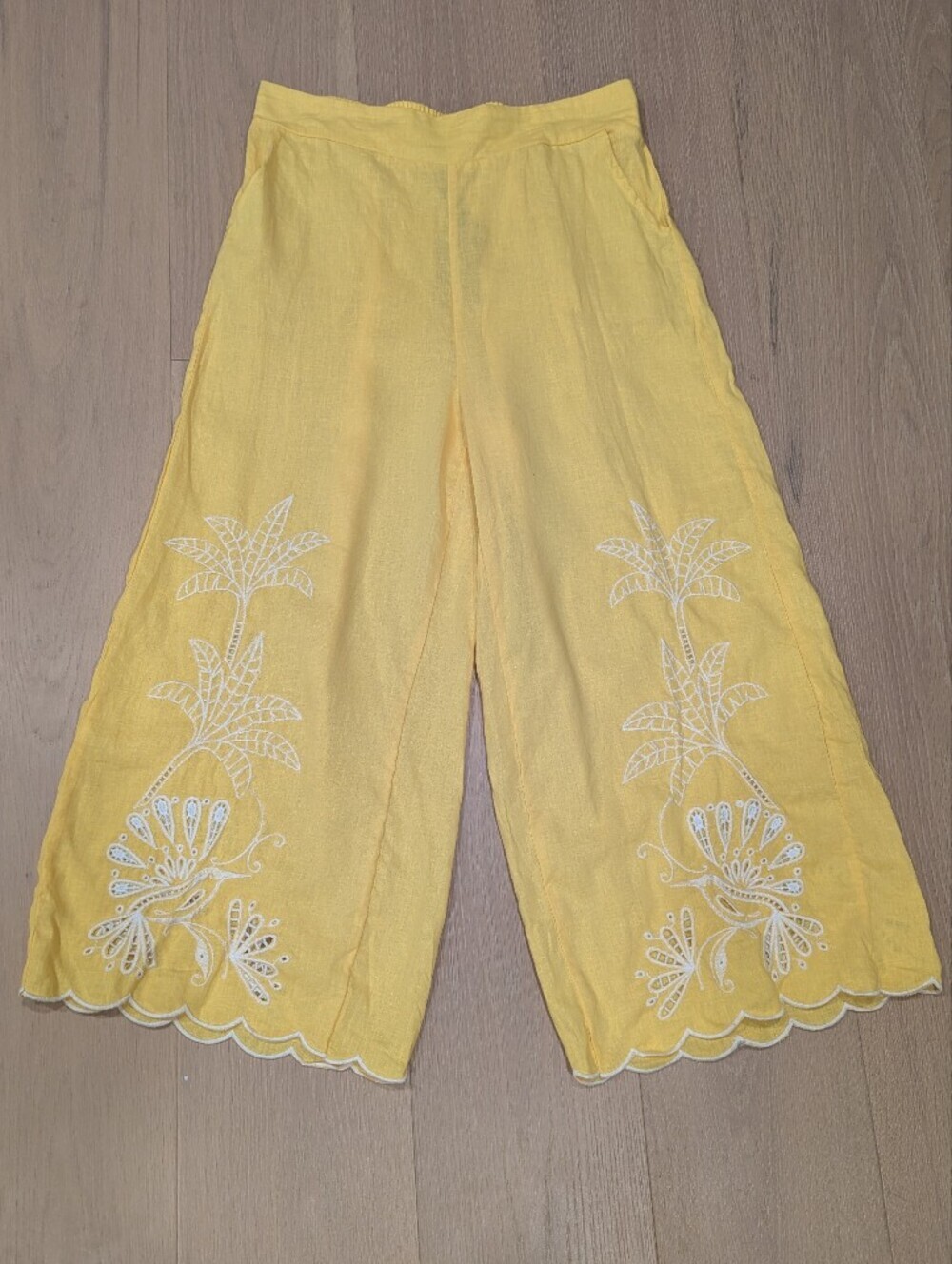 Yellow Embroidered Wide-Leg Pants